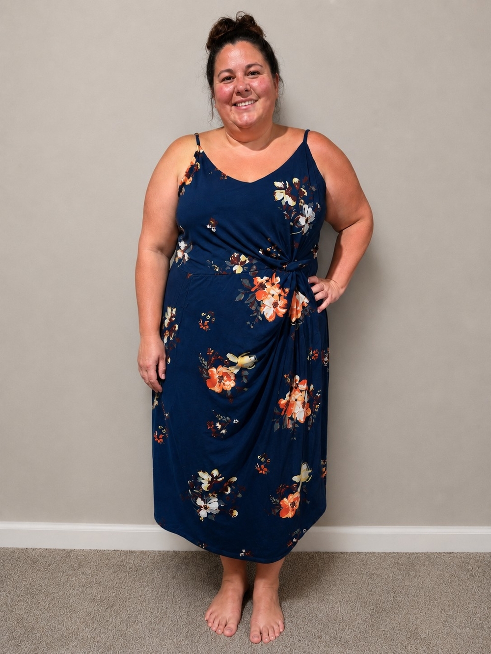 nine britton Navy Floral Midi Dress with Orange & Cream Blooms